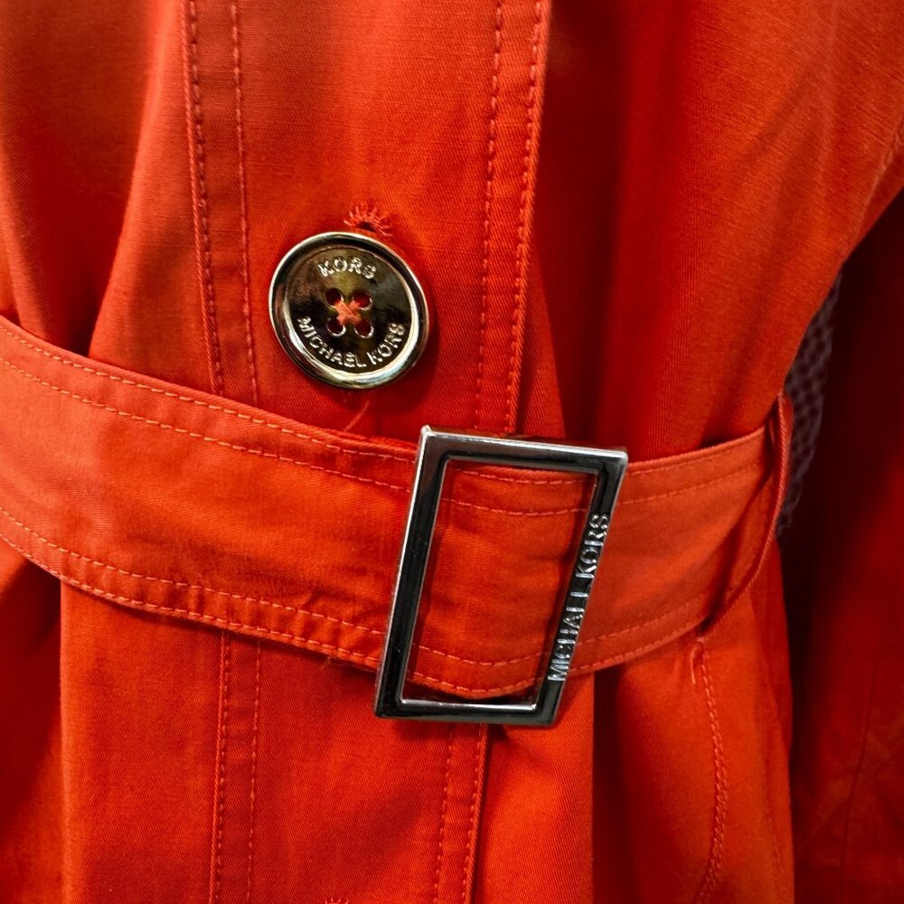 Michael Kors Women's Poppy Orange Belted Trench Coat Pocket Gold Buttons Size S - Picture 2 of 11